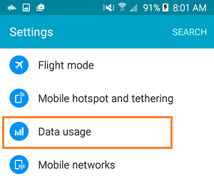 Вкладка использования данных на телефоне Android