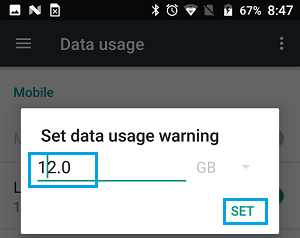 Установить предупреждение об использовании данных на телефоне Android