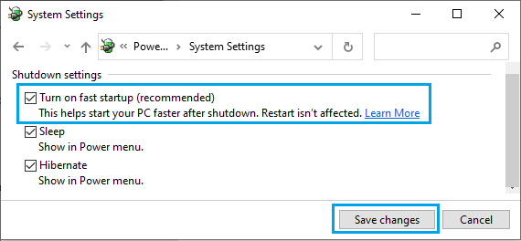 Включите опцию быстрого запуска в Windows