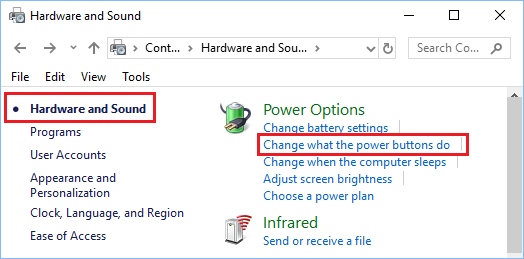 Измените действие кнопок питания в Windows 10