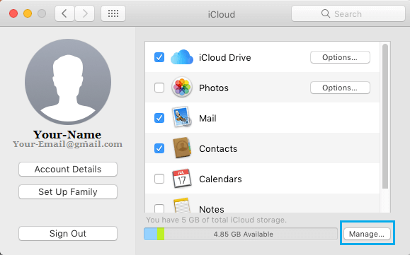 Управление опцией хранилища на экране настроек iCloud на Mac