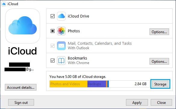 Управление опцией хранилища iCloud на ПК с Windows