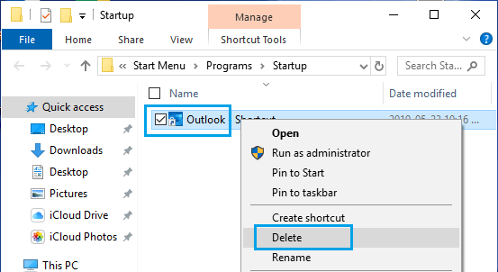 Удалить Outlook из папки автозагрузки Windows