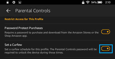 Установить опцию комендантского часа на экране родительского контроля Kindle Fire