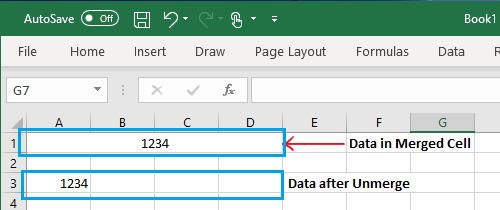 Данные после объединения ячеек в Excel