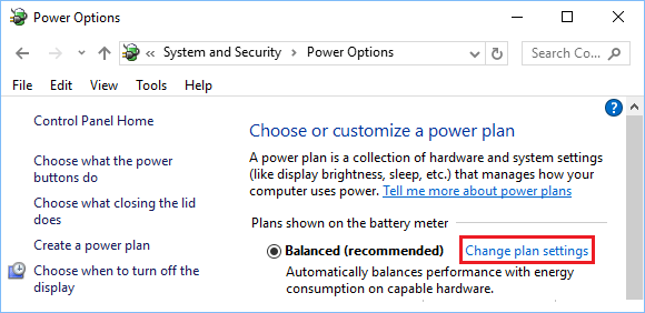 Параметр «Изменить параметры плана электропитания» в панели управления Windows 10