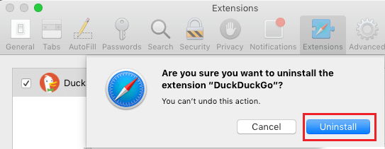 Подтвердите удаление расширения Safari на Mac
