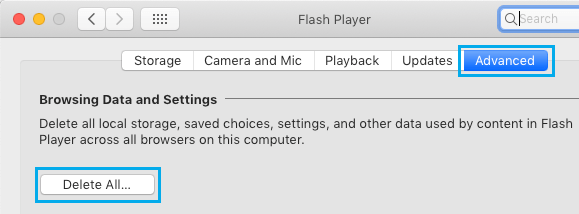 Удалить все данные и настройки просмотра на Flash Player Mac
