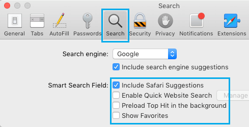 Отключить параметры поля интеллектуального поиска в браузере Safari на Mac