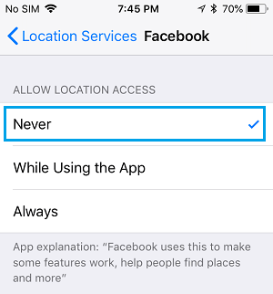 Никогда не разрешать Facebook доступ к службам геолокации на iPhone