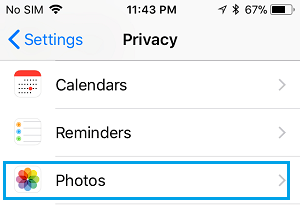 Параметр «Фото» на экране конфиденциальности iPhone