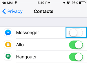 Отключить Facebook Messenger от доступа к контактам на iPhone