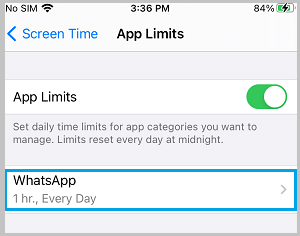 Параметр настроек ограничения приложений для WhatsApp на iPhone