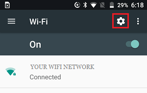 Значок настроек на экране Android WiFi