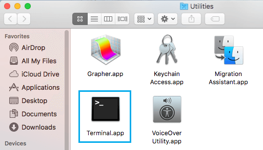 Приложение Terminal в папке Mac Utilities