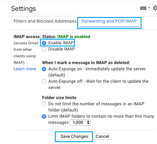 Включить IMAP в Gmail