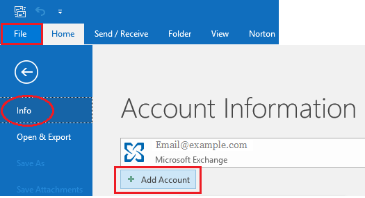 Добавить параметр учетной записи в Microsoft Outlook 