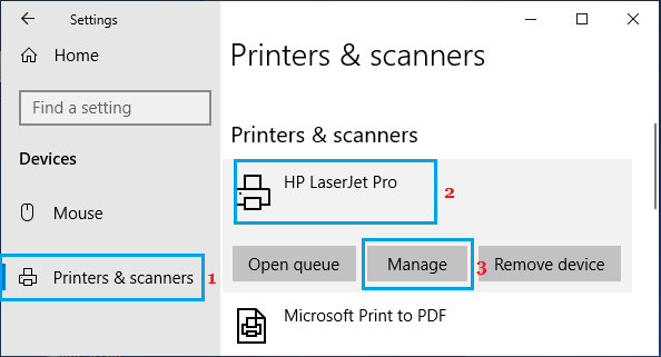 Параметр «Управление принтерами» в Windows