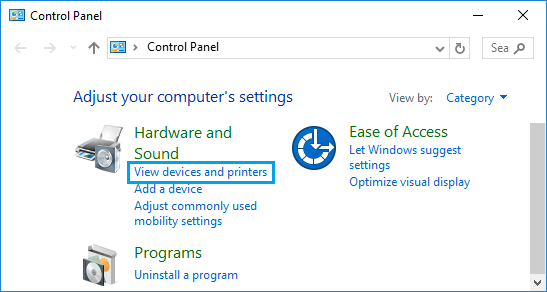 Параметр «Просмотр устройств и принтеров» в панели управления Windows 10