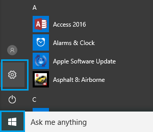 Кнопка Пуск и значок настроек в Windows 10