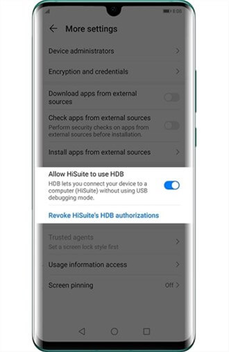 Разрешить HiSuite использовать HDB