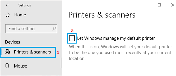 Снимите флажок Разрешить Windows управлять моим принтером по умолчанию 