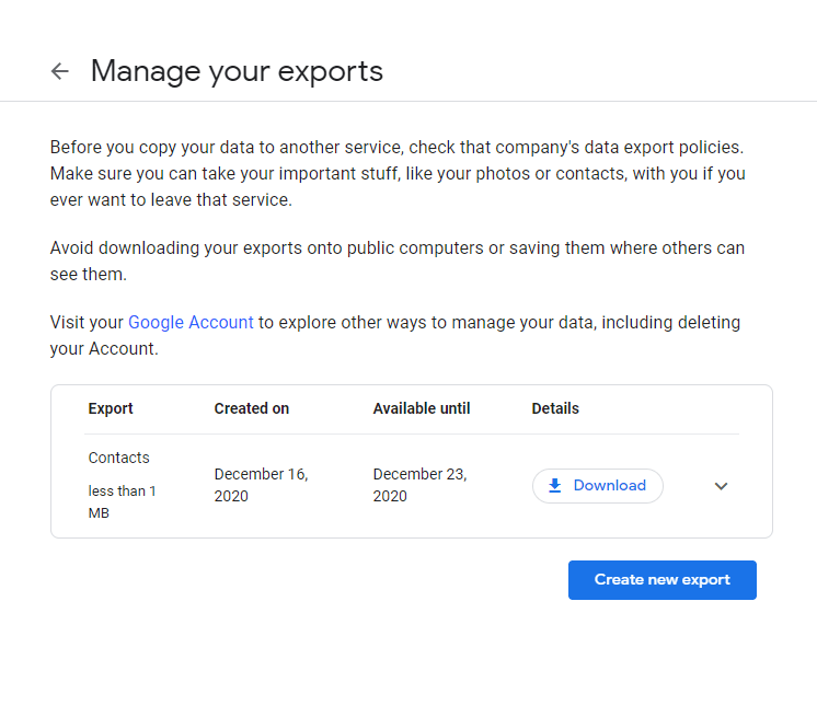 Загрузите контакты Google из учетной записи Google на компьютер