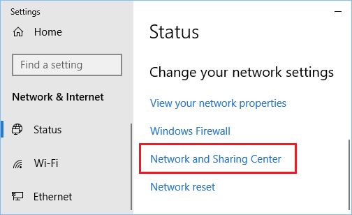 Опция Центра управления сетями и общим доступом в Windows 10