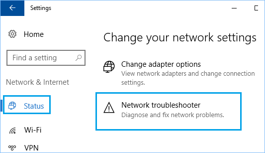 Опция устранения неполадок сети на экране настроек Windows 10
