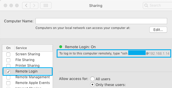 IP-адрес Mac на экране совместного доступа