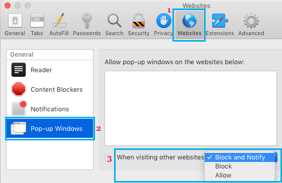Разрешить или заблокировать всплывающие окна для веб-сайтов в браузере Safari на Mac