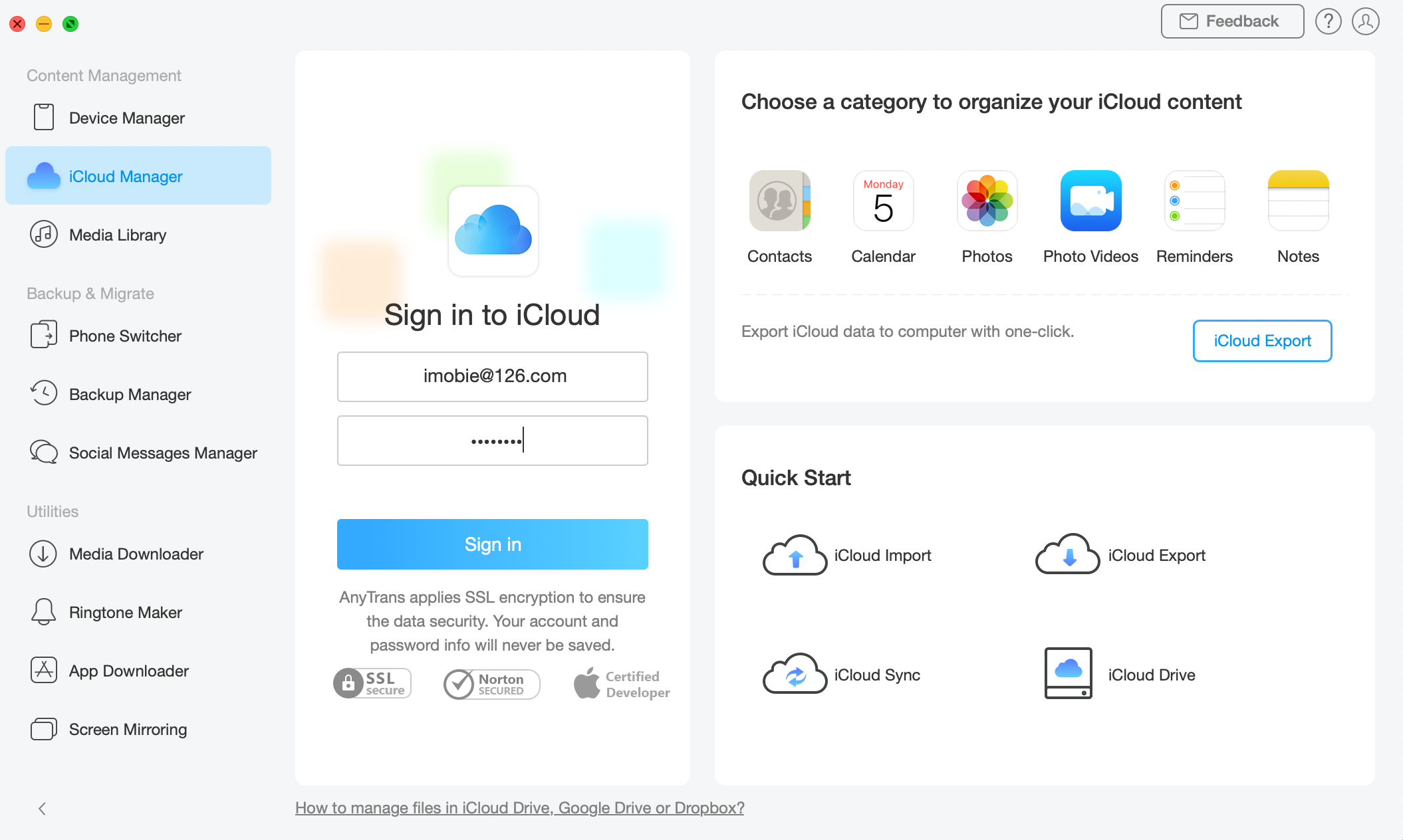 Просмотр календаря iCloud в Google с AnyTrans - шаг 1