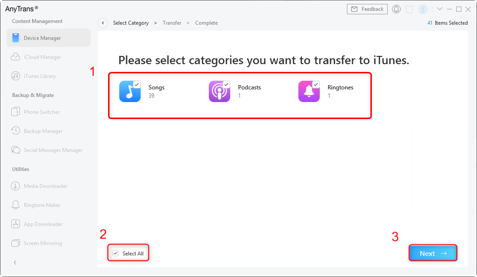 Select Categories to Transfer to iTunes