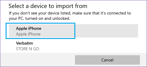 Выберите «Импортировать устройство» в приложении Windows Photos.
