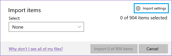 Опция импорта настроек в приложении Windows Photos