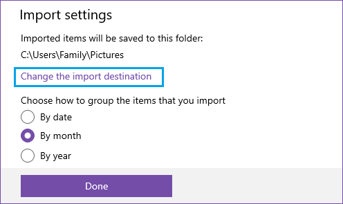 Изменить место импорта в приложении Windows Photos
