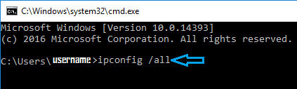 Команда IP Config All на компьютере с Windows