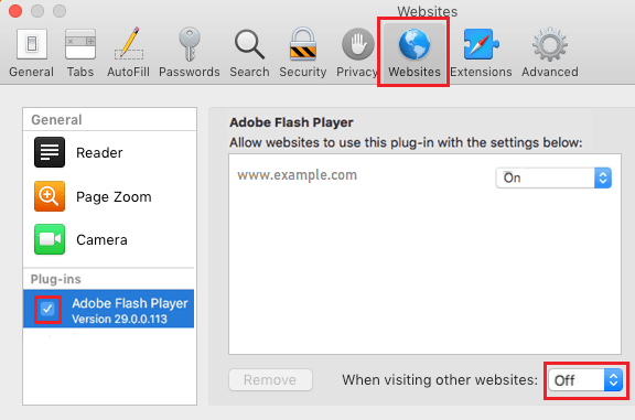 Включите Flash Player на экране настроек Safari на Mac