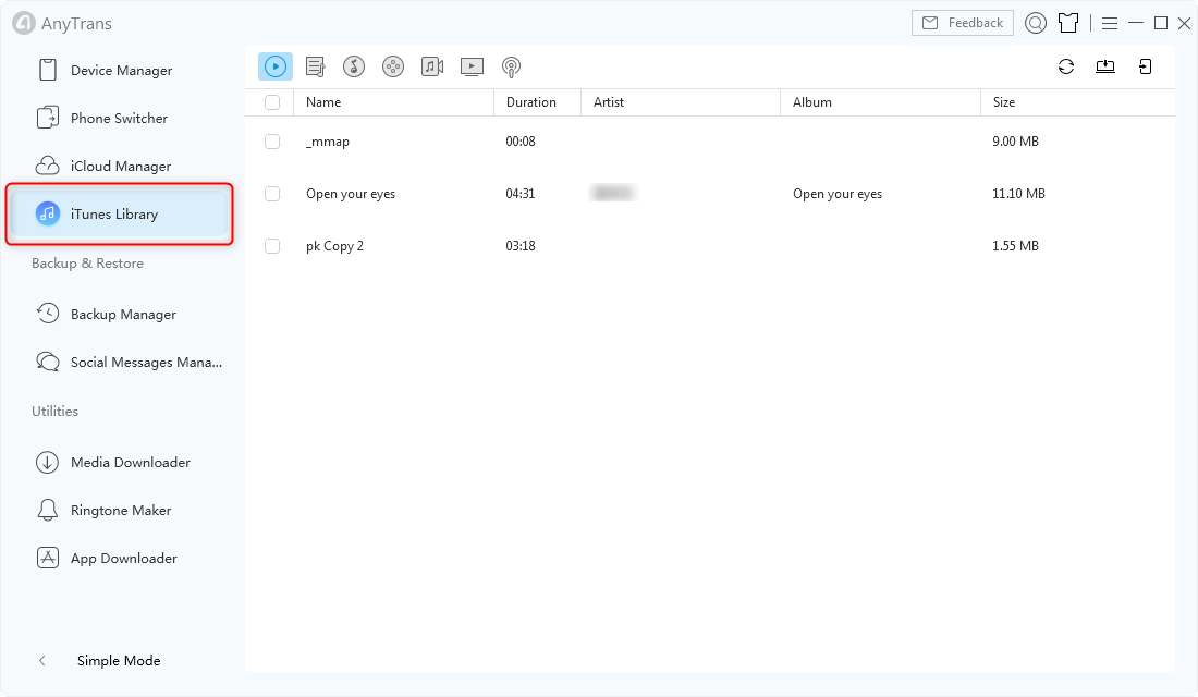 Выберите iTunes Library в AnyTrans - Шаг 1