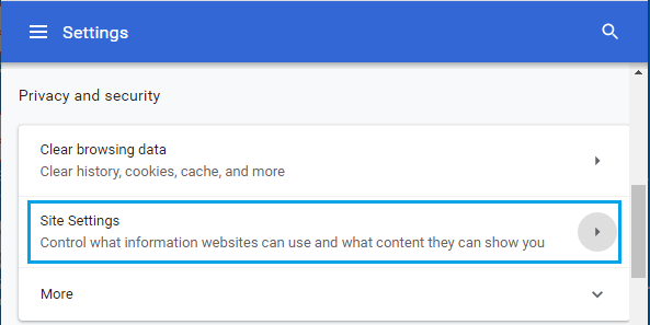 Вариант настроек сайта в Chrome