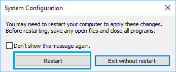 Всплывающее окно перезагрузки конфигурации системы в Windows 10