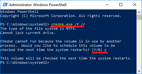 Запустите команду chkdsk в Windows PowerShell 