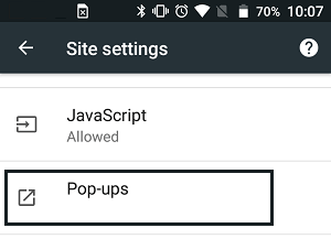 Опция всплывающих окон в браузере Chrome на телефоне Android