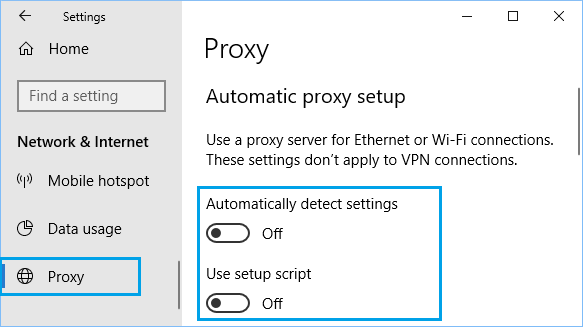 Отключить прокси-серверы и автоматически обнаруживать в Windows 10