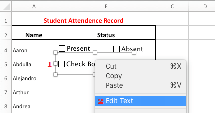 Изменить текст флажка в Excel