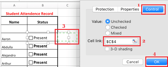 Связывание флажков с ячейками в Excel