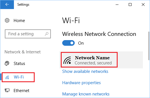 Имя беспроводной сети на экране настроек Wi-Fi в Windows 10