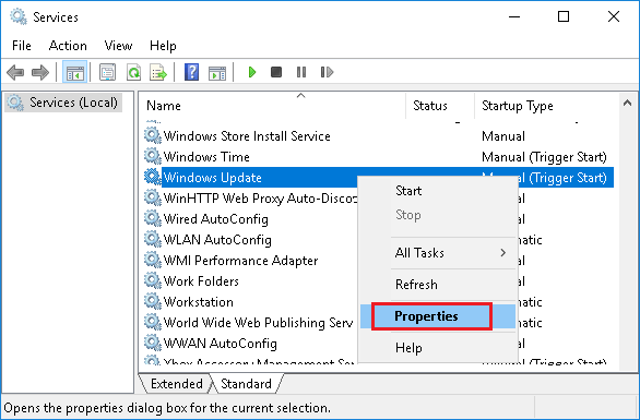 Доступ к свойствам службы Центра обновления Windows в Windows 10