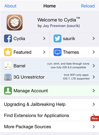 Приложение Cydia на взломанном iPhone