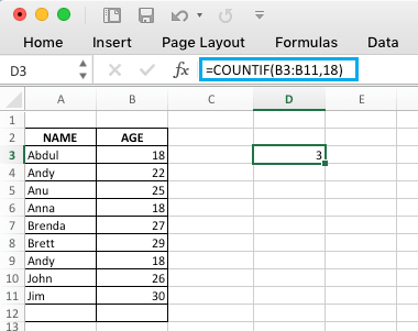 Функция СЧЁТЕСЛИ в Excel для подсчета значений, равных числу